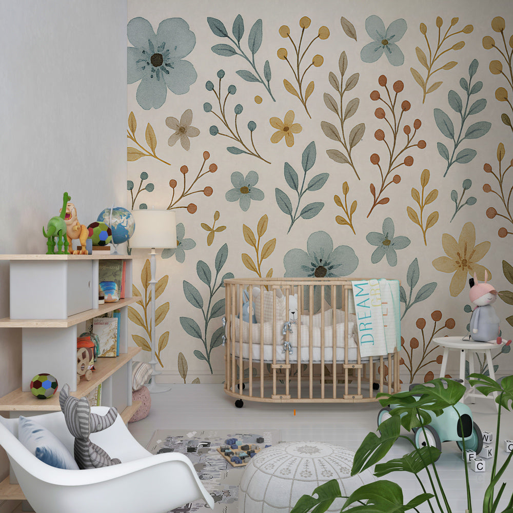 Botanical floral mural wallpaper adding natural charm to children's playroom decor