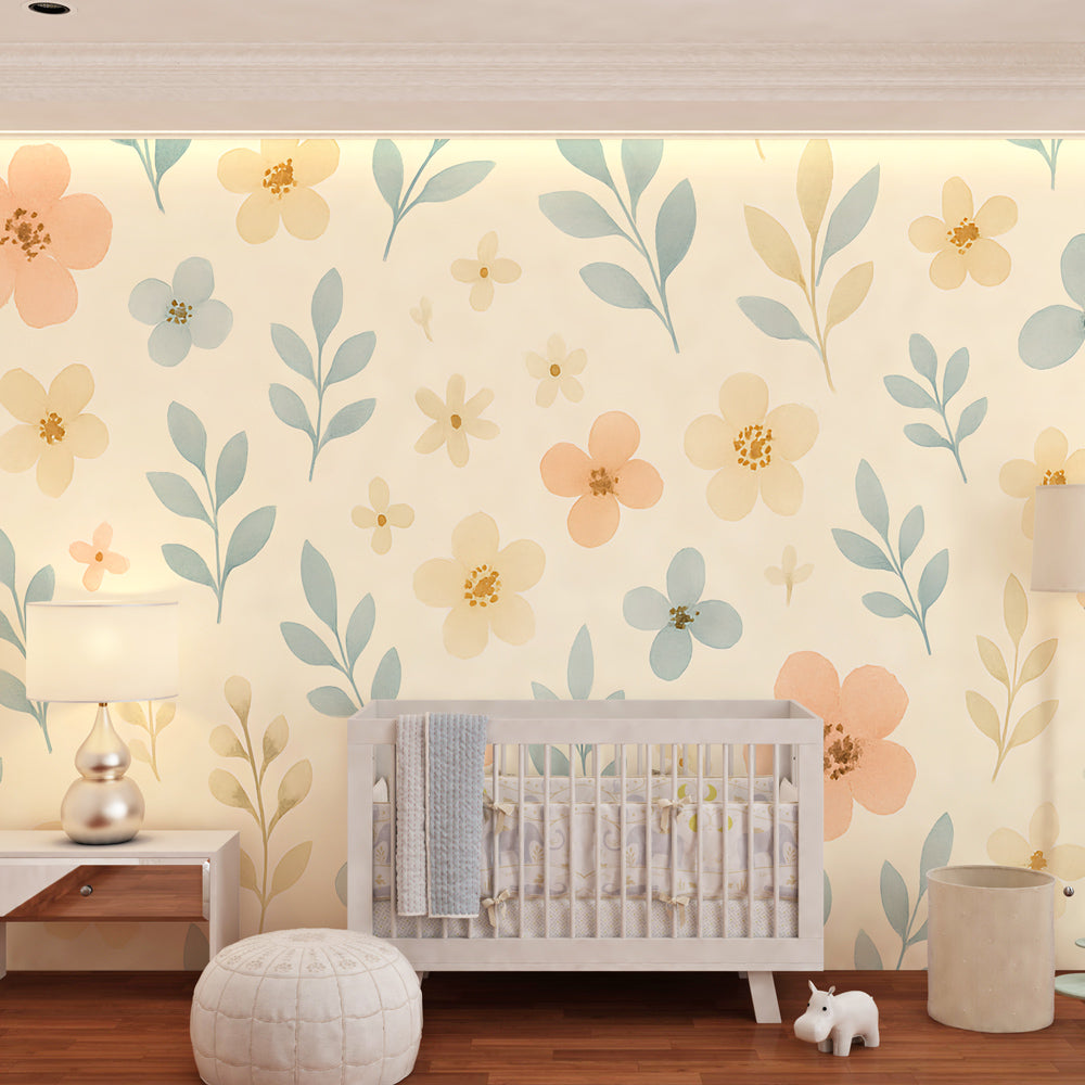 Botanical mural wallpaper featuring delicate blooms and foliage in peaceful kids room by Kids-Mundo
