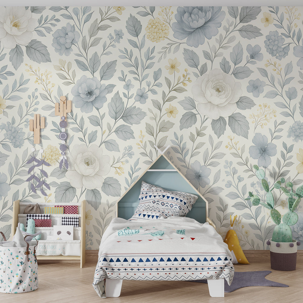 Soft floral wallpaper creating peaceful children's bedroom atmosphere with pastel decor