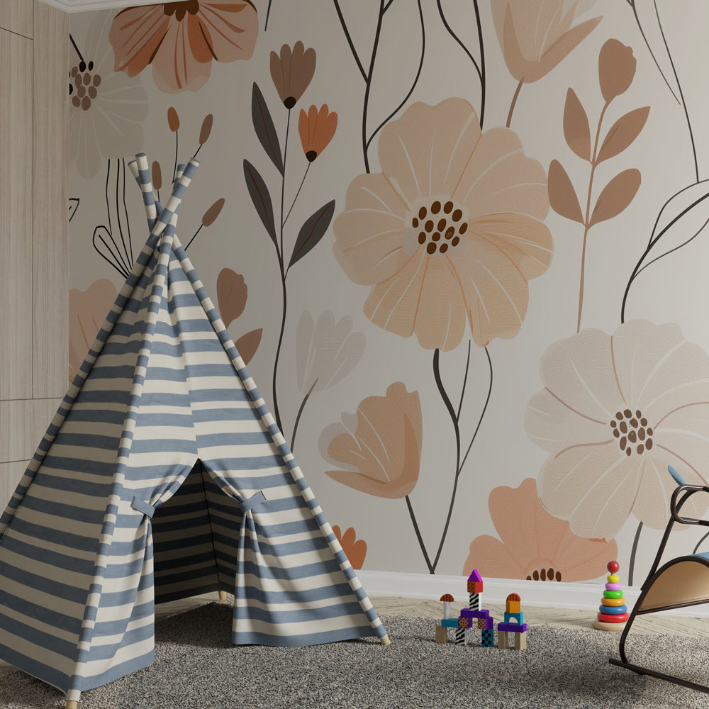 Elegant floral wallpaper with terracotta accents decorating children's bedroom wall by Kids-Mundo