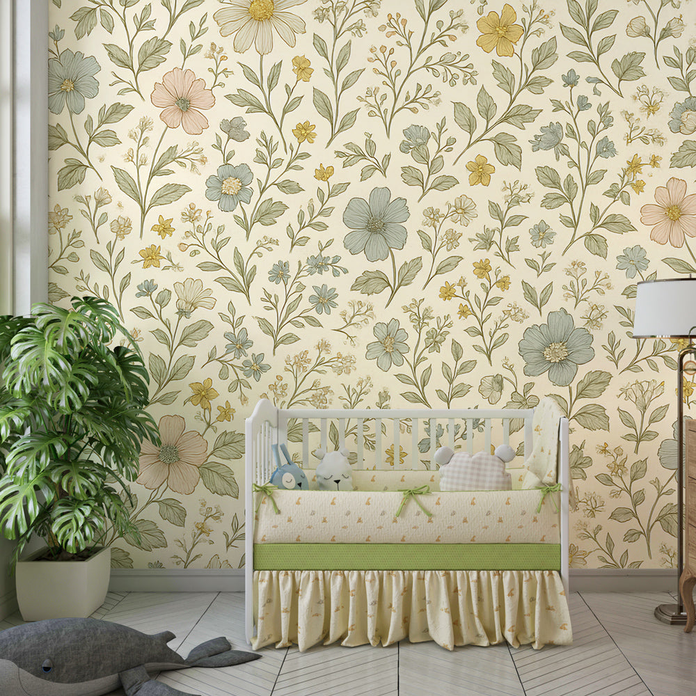 Soft botanical wallpaper in children's bedroom featuring gentle floral patterns in natural earth tones