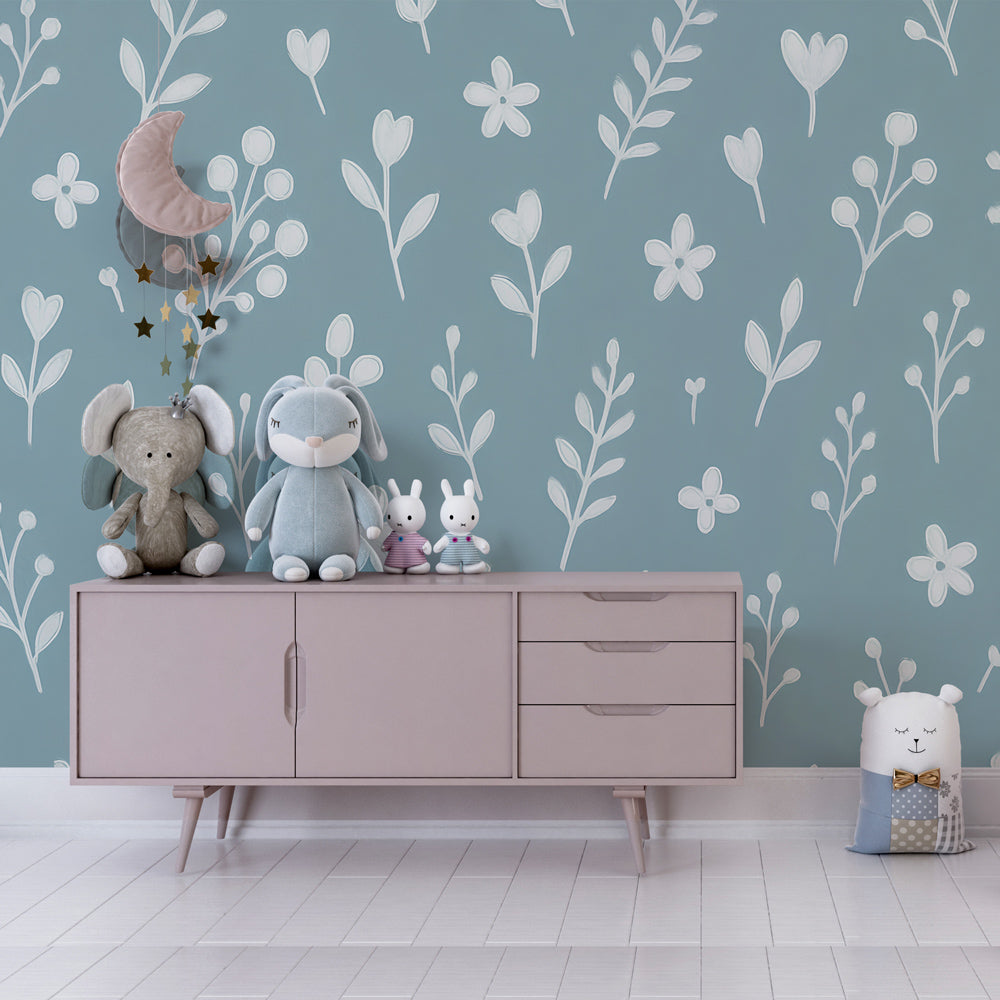 Gentle flower mural wallpaper for kids room featuring delicate blooms on soothing blue background