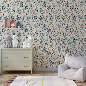 Nature-inspired floral mural wallpaper transforming kids room into peaceful sanctuary