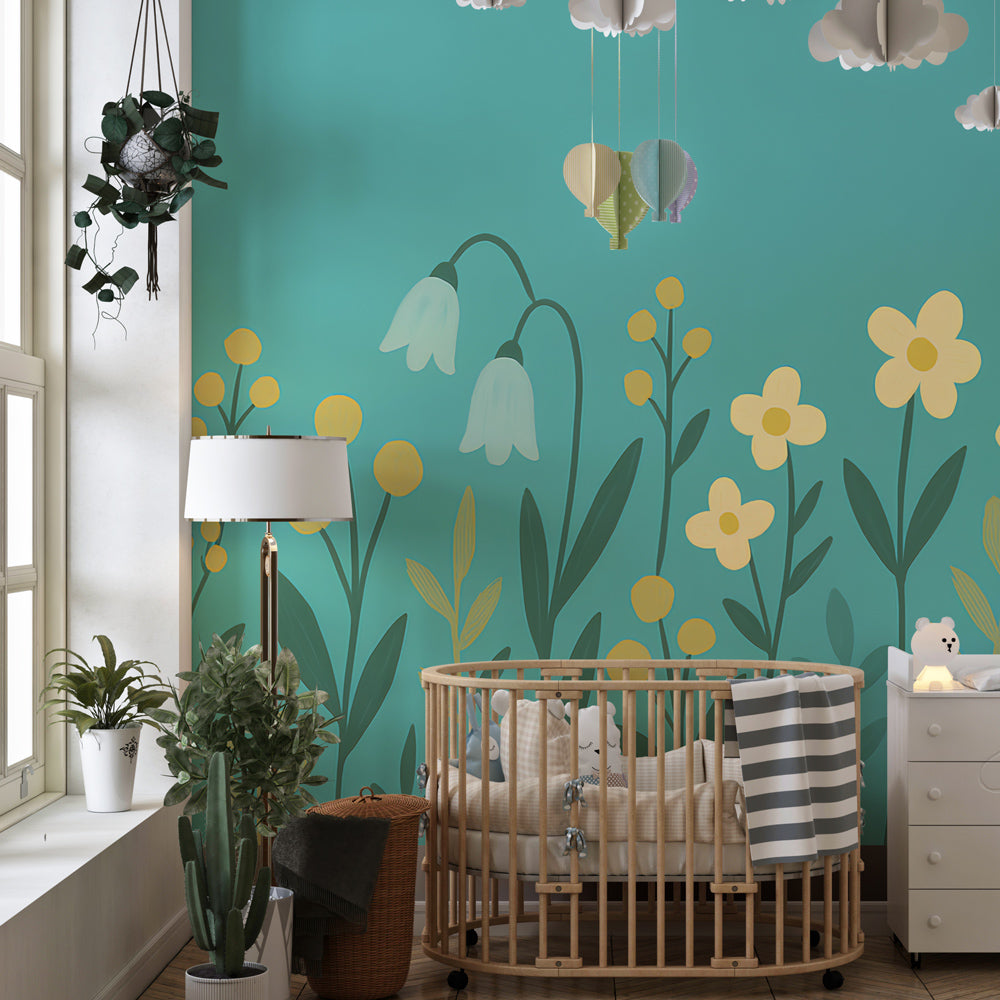 Botanical floral wallpaper transforming toddler room into enchanted garden space