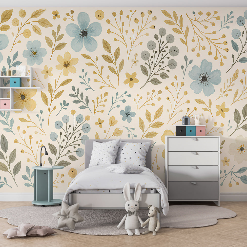 Soft floral mural wallpaper transforming kids room with gentle blue yellow green tones