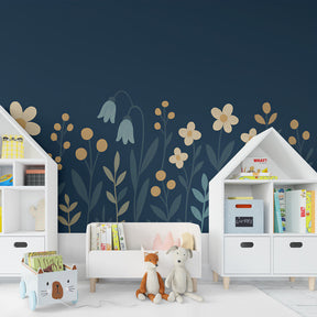 Children's floral wallpaper creating peaceful nursery atmosphere with natural botanical design