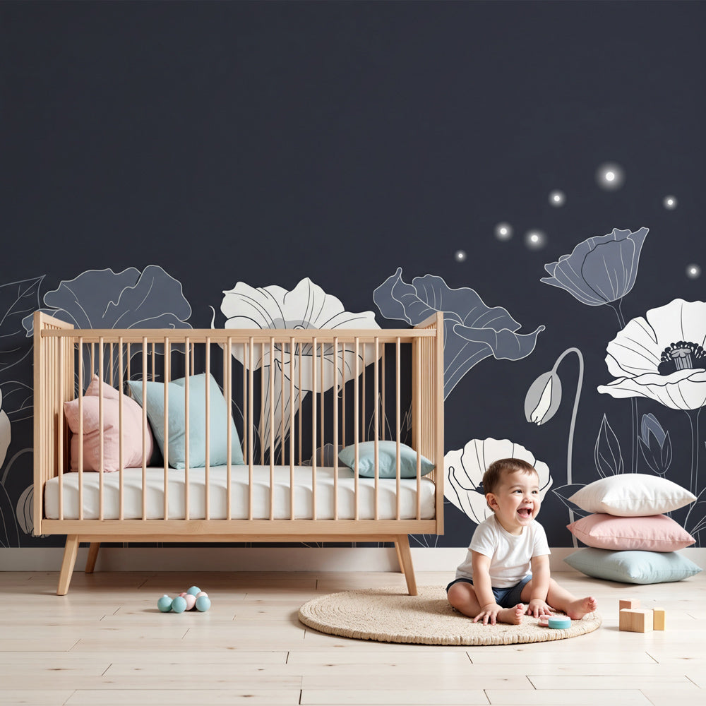 Delicate white floral mural wallpaper creating serene nighttime atmosphere in children's bedroom by Kids-Mundo