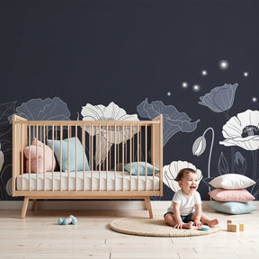 Delicate white floral mural wallpaper creating serene nighttime atmosphere in children's bedroom by Kids-Mundo