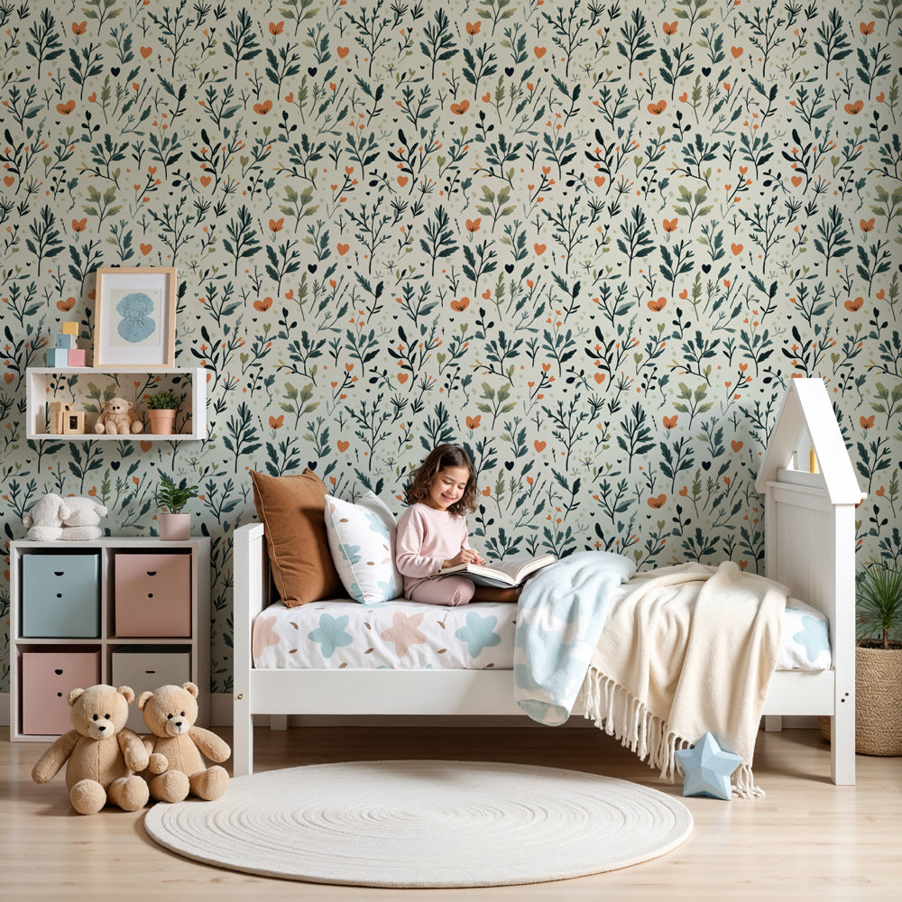 Delicate floral mural wallpaper in beige tones decorating a peaceful nursery by Kids-Mundo