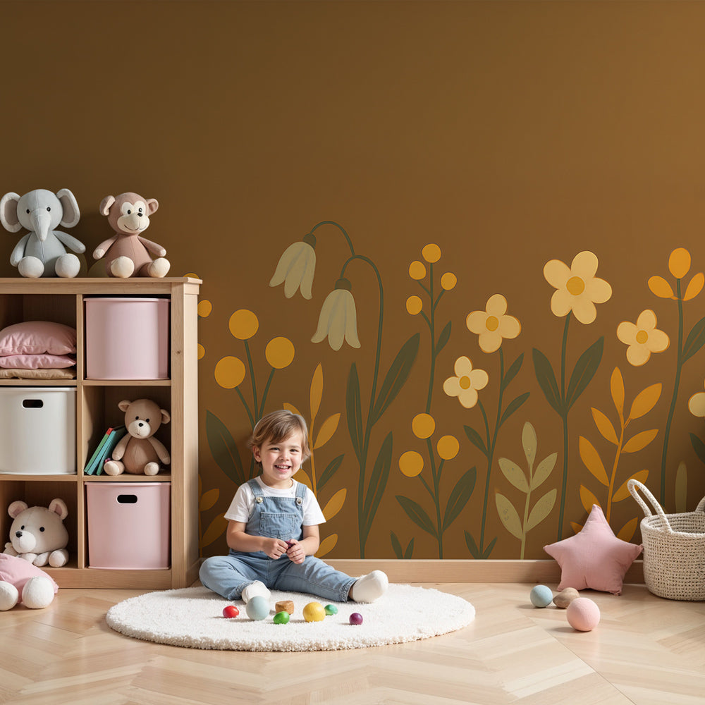 Delicate floral mural wallpaper creating serene nursery atmosphere with earth tones by Kids-Mundo