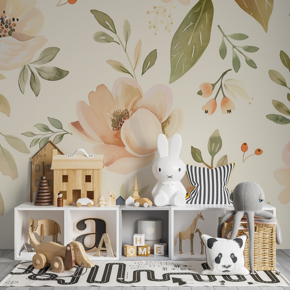 Pastel floral mural wallpaper creating serene garden atmosphere in children's nursery