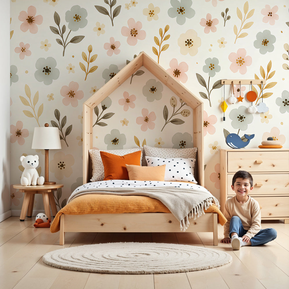 Delicate floral mural wallpaper in soft pastels decorating modern nursery by Kids-Mundo