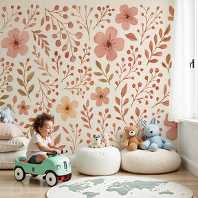 Delicate floral mural wallpaper creating botanical nursery decor with soft pink flowers by Kids-Mundo