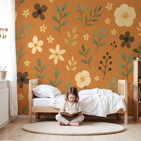 Orange floral mural wallpaper creating botanical nursery decor with natural garden theme by Kids-Mundo
