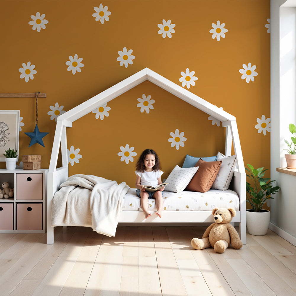 White flower mural wallpaper on orange background in modern nursery room by Kids-Mundo