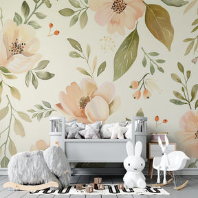 Delicate botanical wallpaper with beige tones transforming modern baby room interior