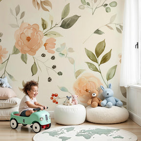 Pastel watercolor floral mural wallpaper in modern baby nursery with soft beige tones by Kids-Mundo