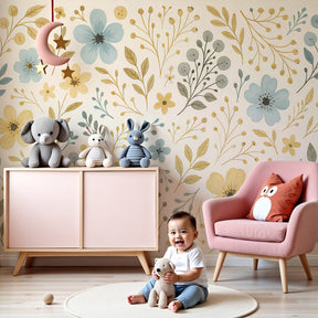 Delicate floral mural wallpaper in pastel colors decorating modern nursery by Kids-Mundo