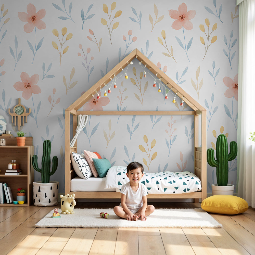 Delicate floral mural wallpaper with pink blooms in serene kids nursery by Kids-Mundo