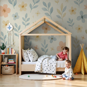 Soft pastel floral mural wallpaper creating serene garden atmosphere in modern nursery by Kids-Mundo