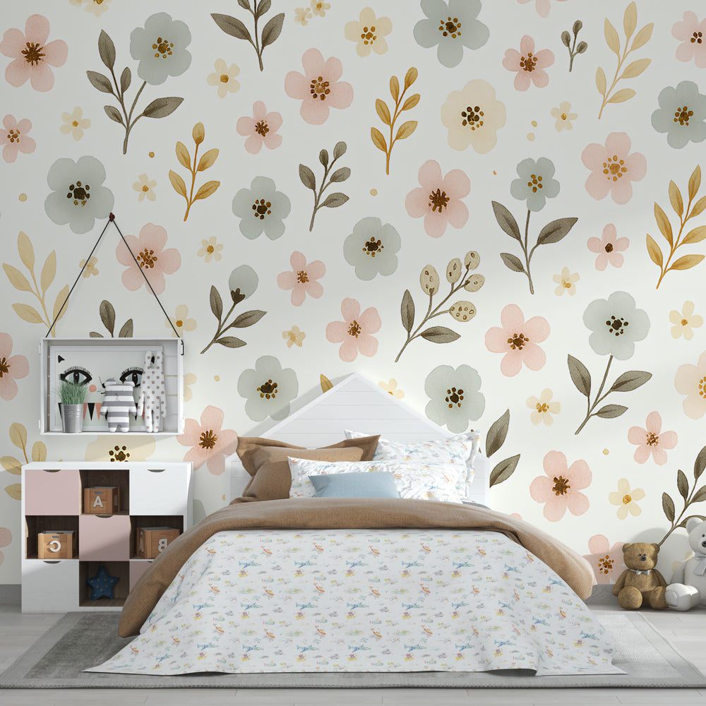 Botanical children's wallpaper with delicate blooms enhancing bright playroom space