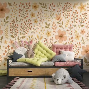 Pastel floral mural wallpaper for children's playroom with soft pink and yellow botanical motifs