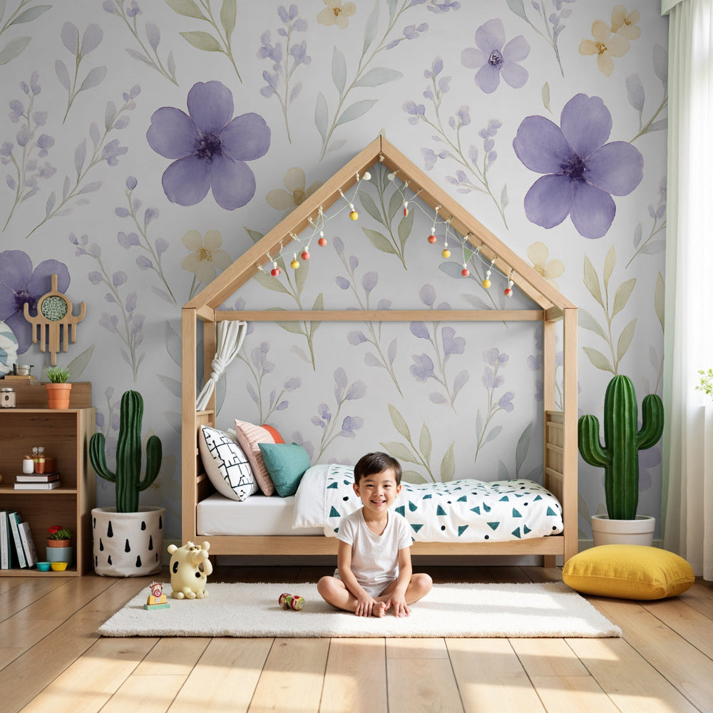 Purple floral mural wallpaper creating peaceful nursery atmosphere with natural decor by Kids-Mundo
