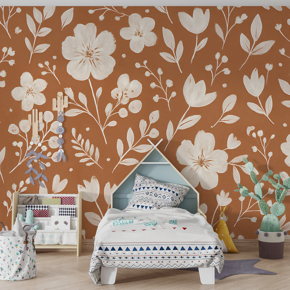 Hand-painted floral mural wallpaper transforming kids room with botanical terracotta design
