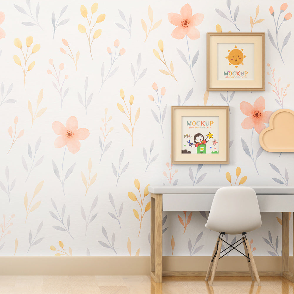 Soft floral mural wallpaper with natural wood furniture in kids room by Kids-Mundo