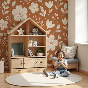 Delicate floral mural wallpaper in modern nursery with terracotta background by Kids-Mundo