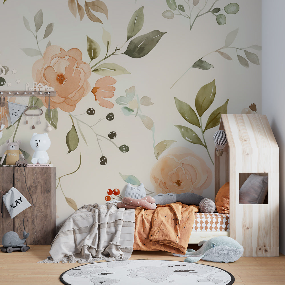 Watercolor floral nursery wallpaper creating serene atmosphere in baby bedroom with natural lighting