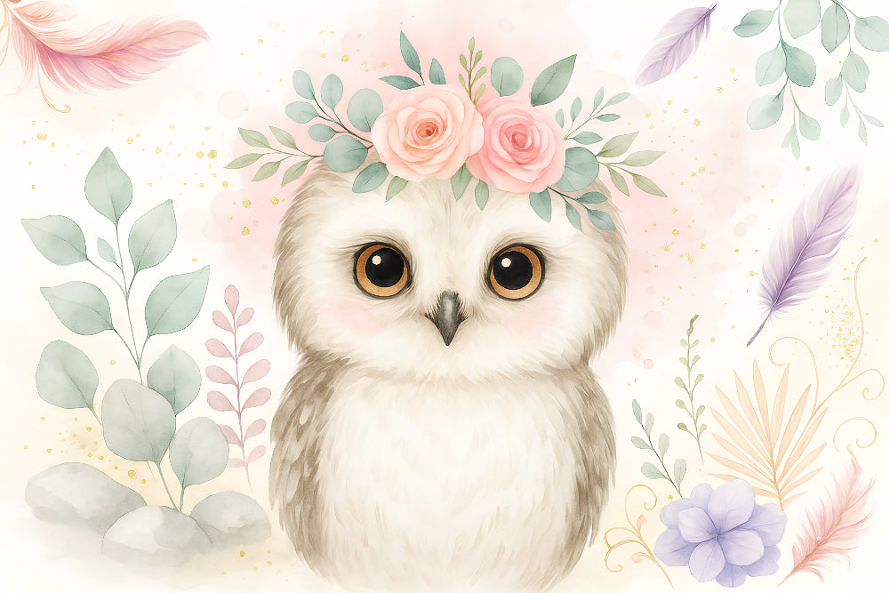 Detailed floral owl mural wallpaper design pattern showing delicate flowers and foliage by Kids-Mundo