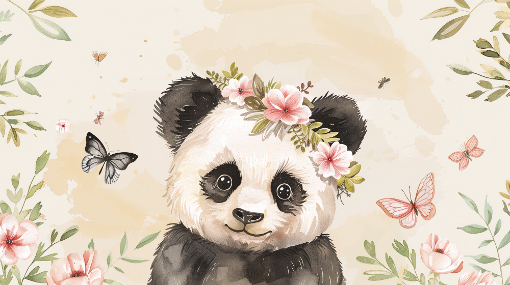 Flat artwork preview of the Kids-Mundo floral panda cub wall mural design in watercolour.