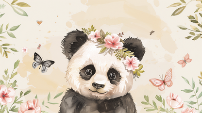 Flat artwork preview of the Kids-Mundo floral panda cub wall mural design in watercolour.