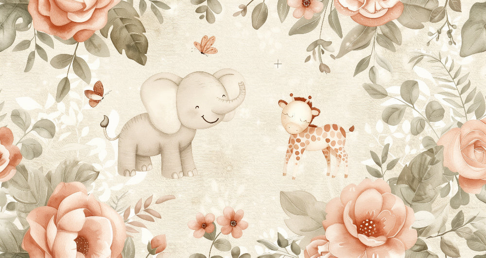 Detailed floral safari mural wallpaper design pattern with elephant, giraffe and botanical elements by Kids-Mundo