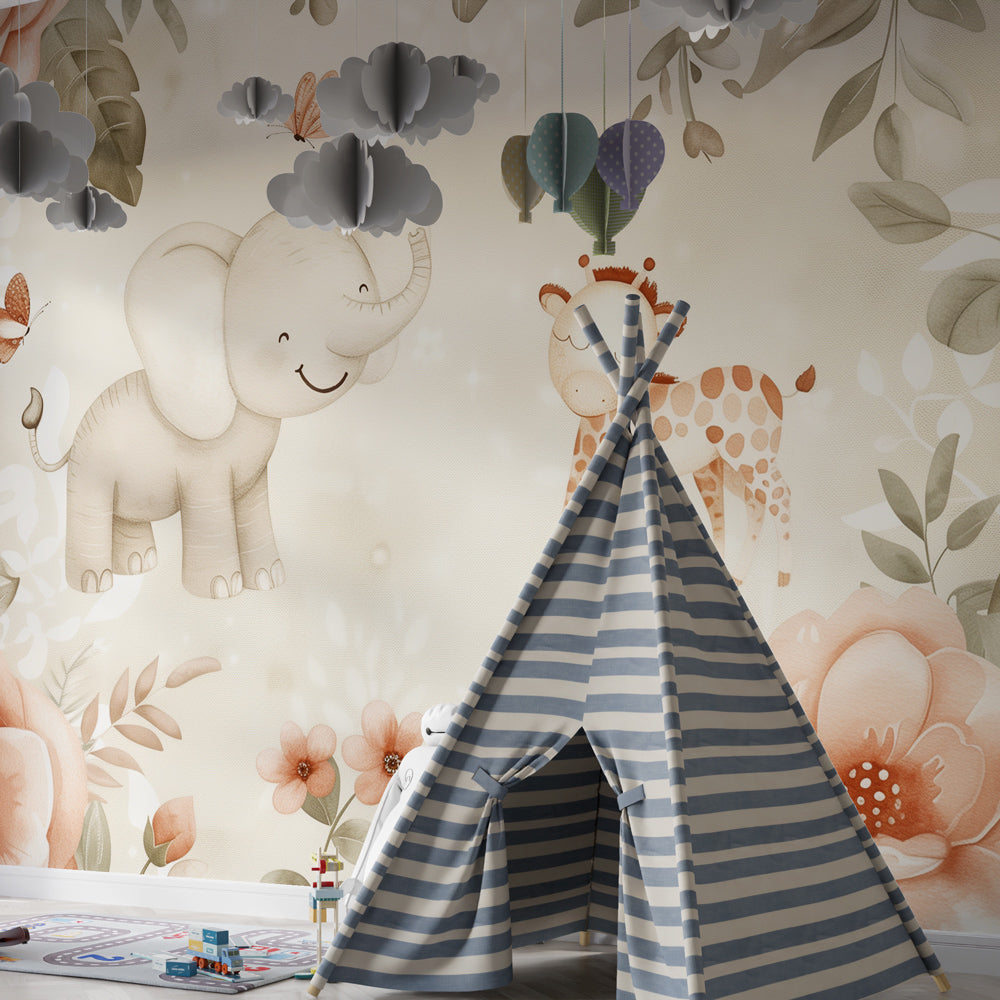 Watercolor elephant and giraffe mural wallpaper in beautifully decorated children's room
