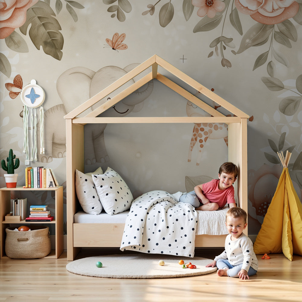Floral safari mural wallpaper with elephant and giraffe in peaceful nursery setting by Kids-Mundo