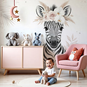 Floral zebra mural wallpaper creating serene nursery atmosphere with natural wood crib by Kids-Mundo