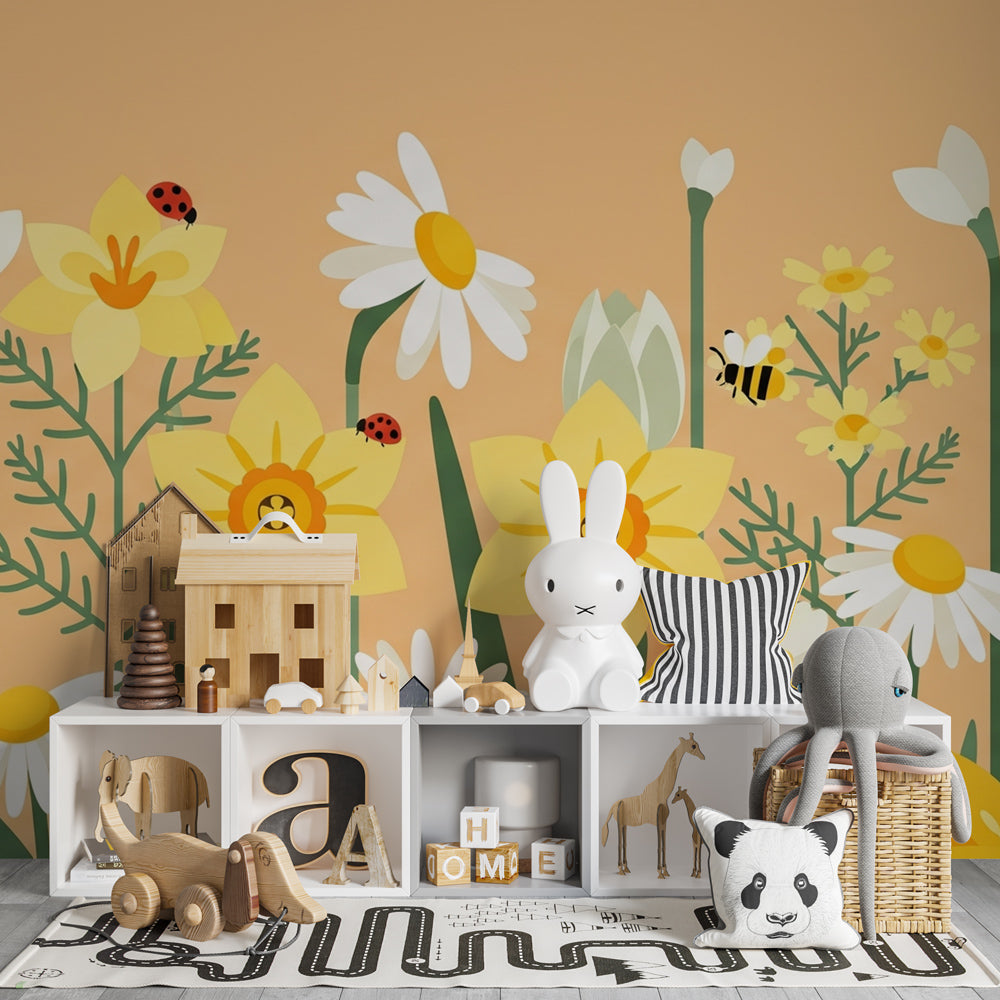 Spring flower mural wallpaper with bees and ladybugs for kids playroom by Kids-Mundo
