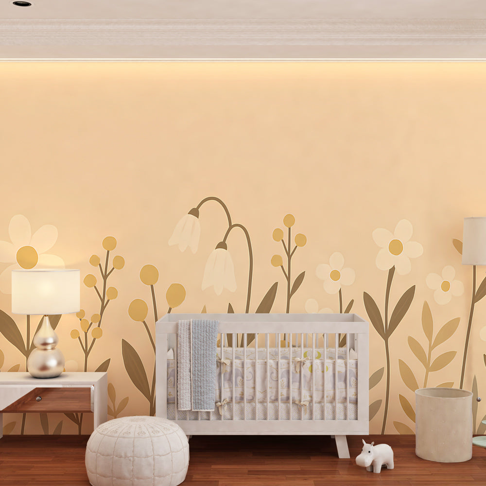 Soft floral mural wallpaper transforming children's bedroom with gentle botanical design by Kids-Mundo