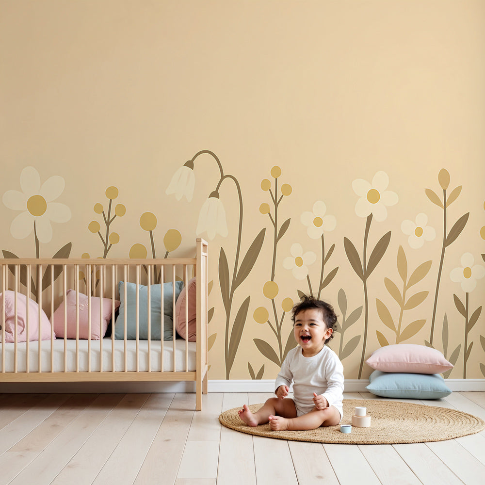 Flower fields mural wallpaper creating serene nursery decor with soft cream and yellow blooms by Kids-Mundo