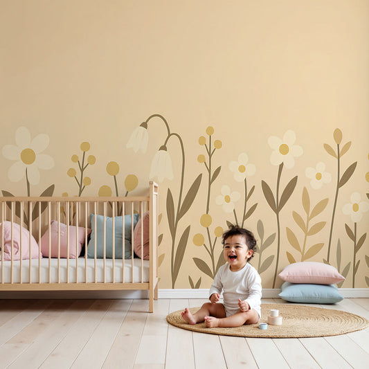 Flower fields mural wallpaper creating serene nursery decor with soft cream and yellow blooms by Kids-Mundo