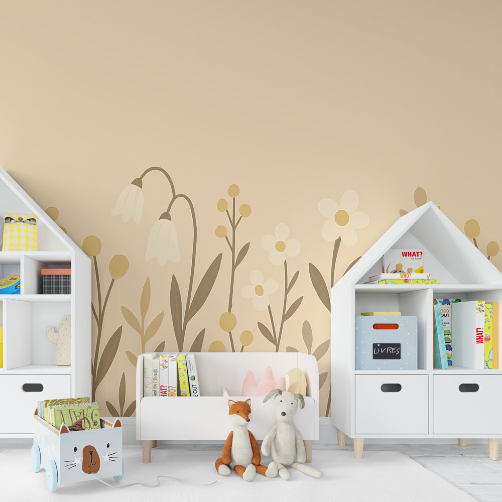 Delicate flower fields wallpaper in toddler room with natural wood furniture and pastel accents