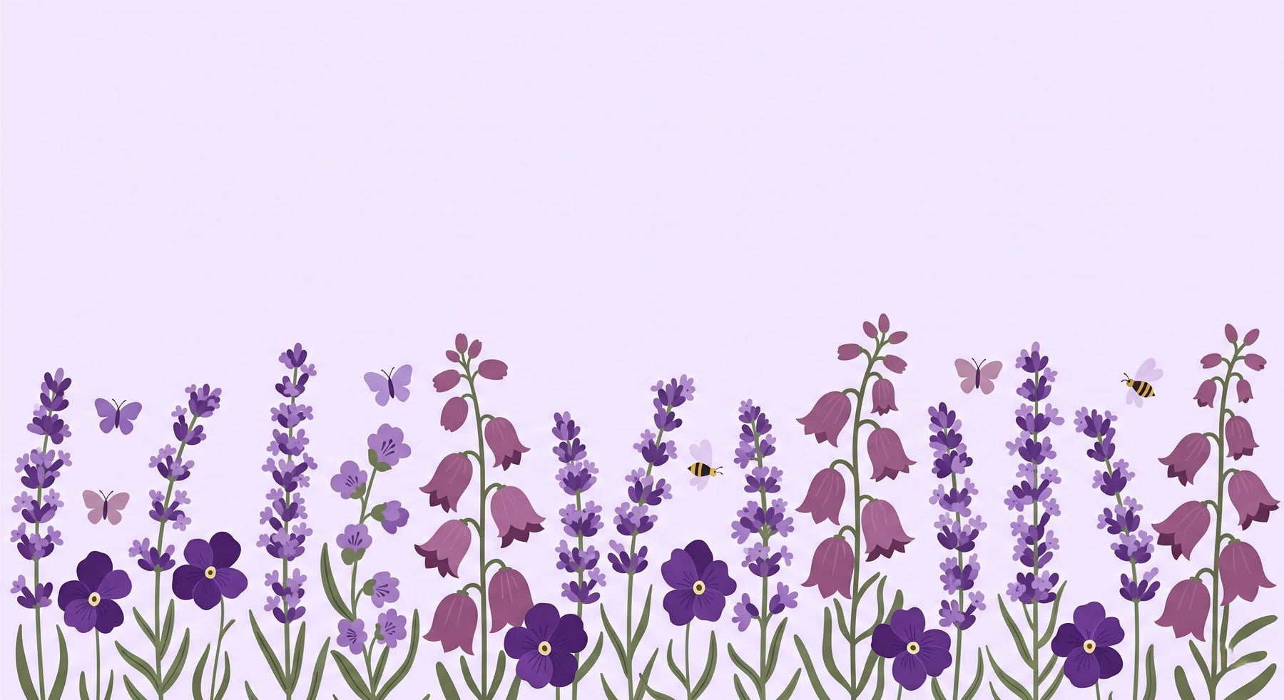 Detailed purple flower garden with butterflies and bees mural wallpaper design pattern by Kids-Mundo