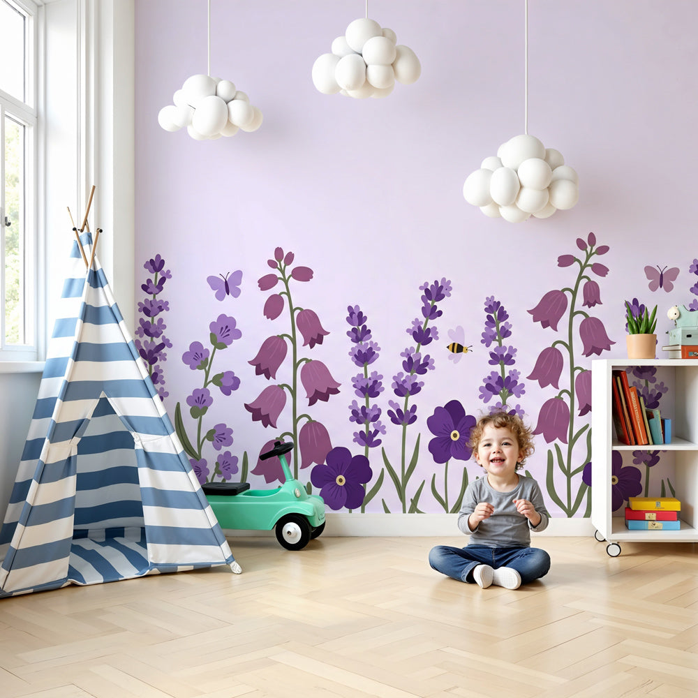 Purple flower garden mural wallpaper with butterflies in modern nursery by Kids-Mundo