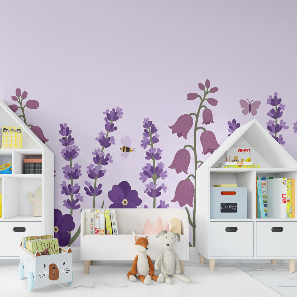Lavender purple floral mural wallpaper for peaceful toddler room by Kids-Mundo