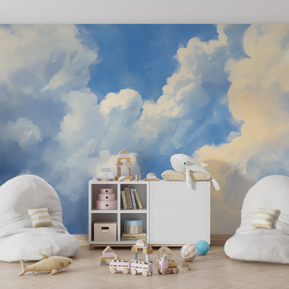 Calming sky themed mural wallpaper creating dreamy atmosphere in modern kids room by Kids-Mundo
