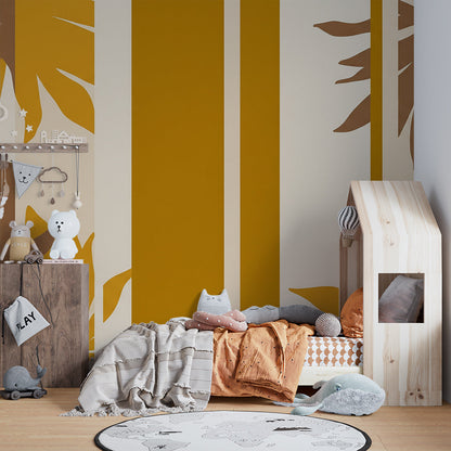 Kids-Mundo fluted panel leaf mural behind a wooden bed in a warm-toned kids bedroom