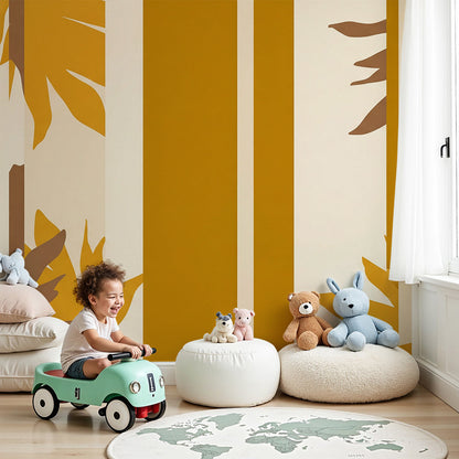Kids-Mundo mustard leaf panel wall mural in a sunny nursery with a white cot and rug