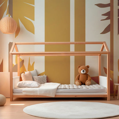 Kids-Mundo golden leaf panel wallpaper mural as a backdrop in a bright children's playroom